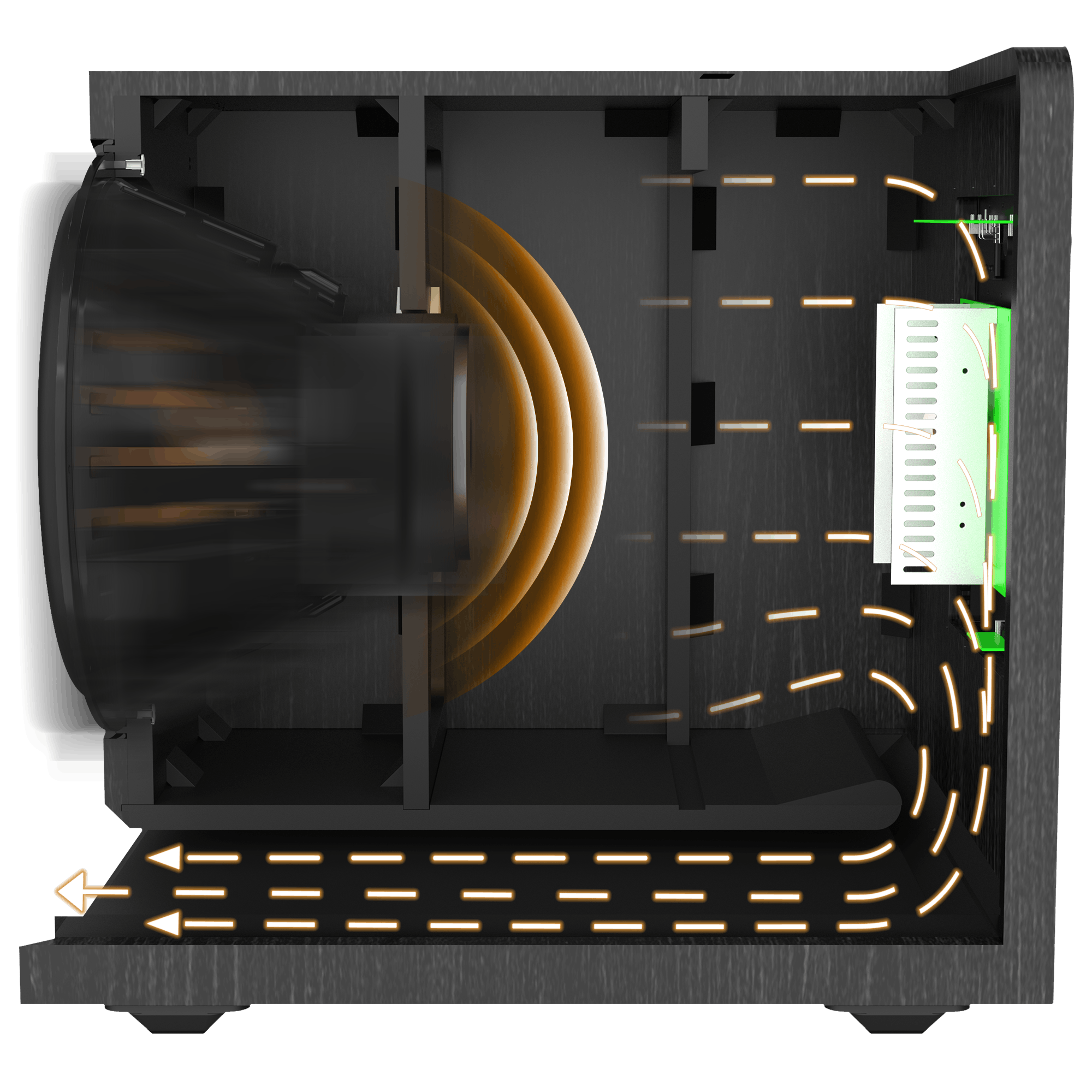 Cutaway view of an RP 1600 SW with a diagram showing how air moves within mobile